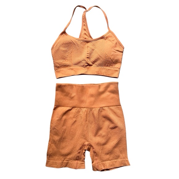 Pants - Orange Ribbed Athletic Sport Bra Short Set Size S
